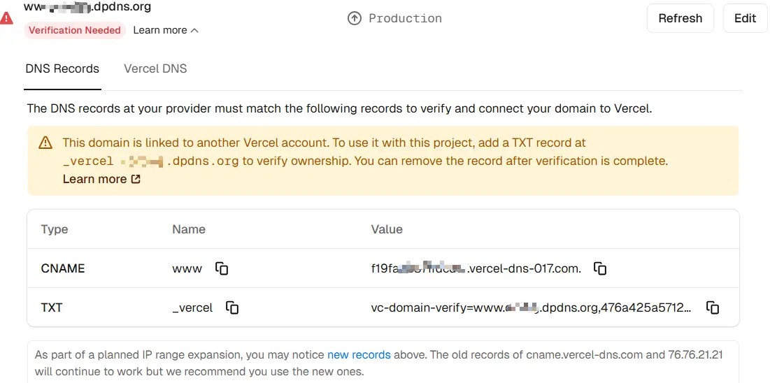 vercel校验不通过,需要在原服务器添加校验records vercel校验不通过,需要在原服务器添加校验records